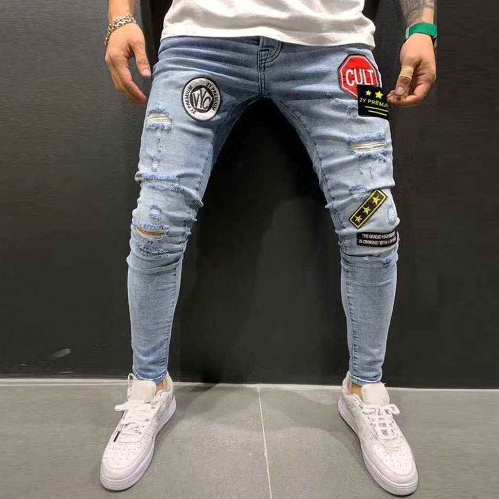Mode Casual Denim Jeans Hommes Hommes Déchiré Streetwear Skinny Jeans Trous Hip-Hop Moto Haute Qualité Plissée Slim Jeans X0621