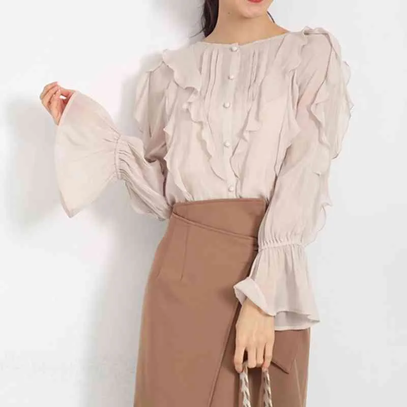 Été doux volants mince Blouse femmes Flare manches fée femme chemises japonais élégant bouton Blusas Mujer 82640 210514