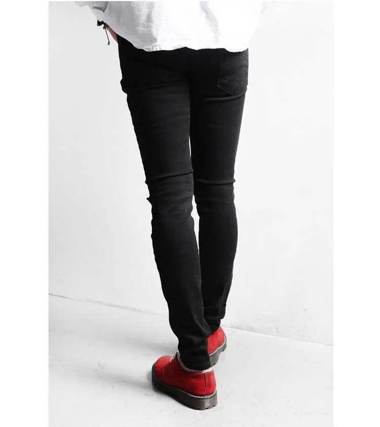 Jeans hommes slim petits pieds version coréenne polyvalent pur noir spectacle trou mince neuf points petites jambes de pantalon coiffeur social x0621