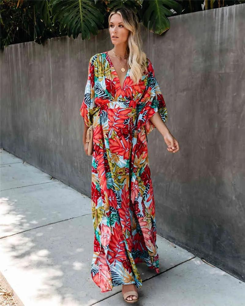 Kvinnor Boho Sommarklänning Holiday Maxi Loose Sundress Floral Print Långärmad Elegante Cocktail Party Dresses Vestido de Mujer 210520