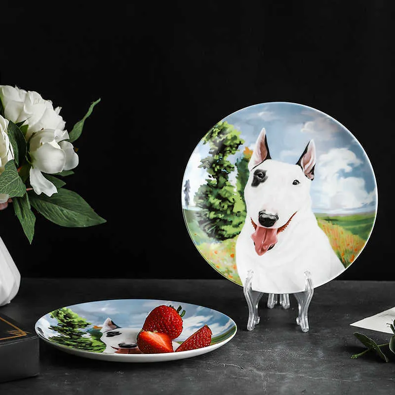 Piatto di alta qualità in porcellana Bone China Bull Terrier Tavolo unico Ornamenti da parete Piatto decorativo cani Piatto da torta Regalo creativo Decorazioni la casa