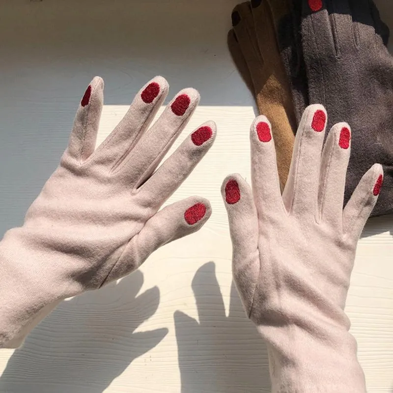 5本の指の手袋日本の女性面白いネイルパターン刺繍冬の暖かいフェイクウールサイクリングドライビングソリッドカラーmittens203j