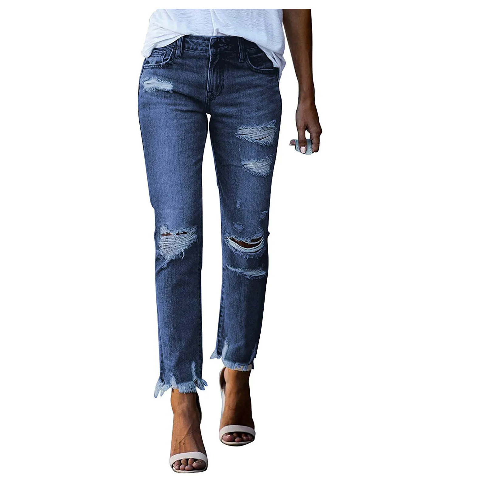 Jeans da donna in denim skinny elasticizzato effetto invecchiato a vita media con fidanzato strappato Jeans larghi casual a gamba dritta