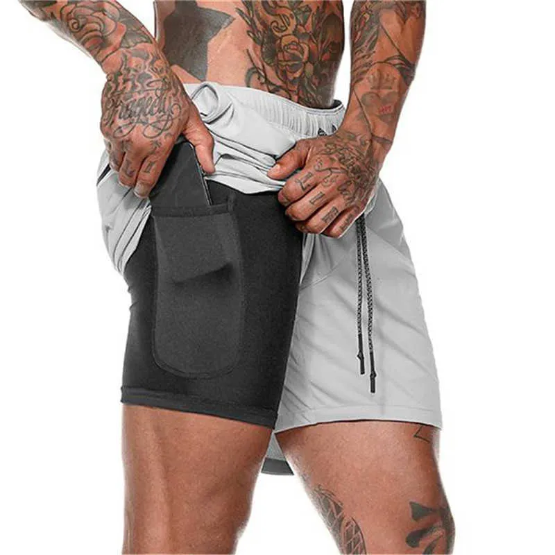 Men's Casual Shorts 2 in 1 Running Shorts Quick Drying Sport Shorts Gyms Fitness Bodybuilding Workout Built-in Pockets Short Men 210720