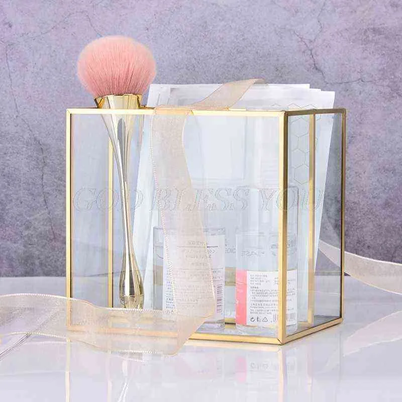 Gold Glass Makeup Brush Holder Storage Container Ring Earring Clear Decorative Pen Pencil Beauty Display 211102