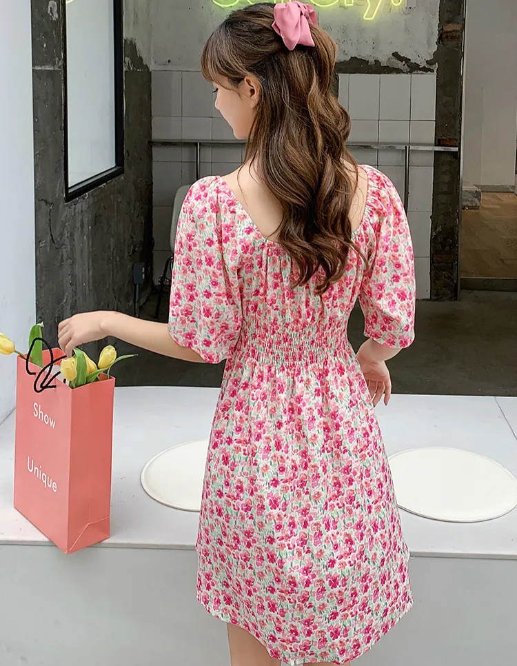 Mulheres verão chiffon vestido de manga curta moda feminino vintage floral cintura elástica solta casual mini vestidos vestidos 210423