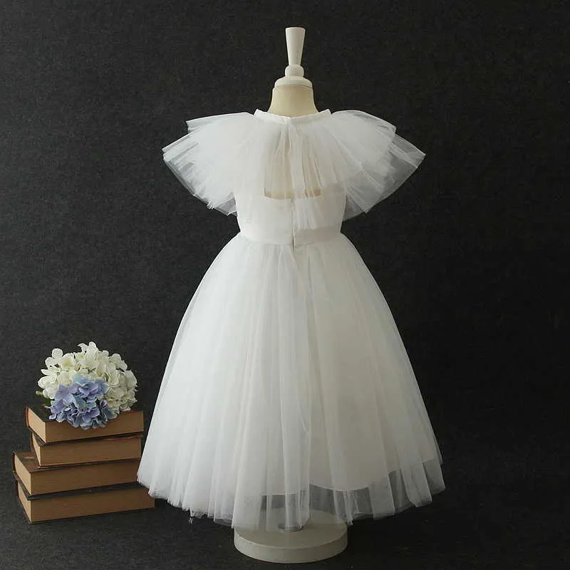 Vestido da menina da flor com vestidos do salão da manga do alargamento do estilo da mola do cabo para a festa de casamento das crianças E19002 210610