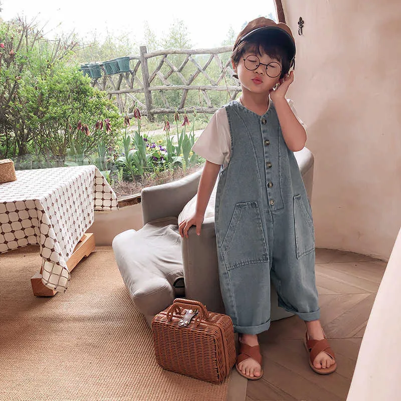 Tute in denim monopetto bambini estivi in stile coreano ragazzi ragazze pagliaccetti larghi senza maniche vestiti unisex 210615