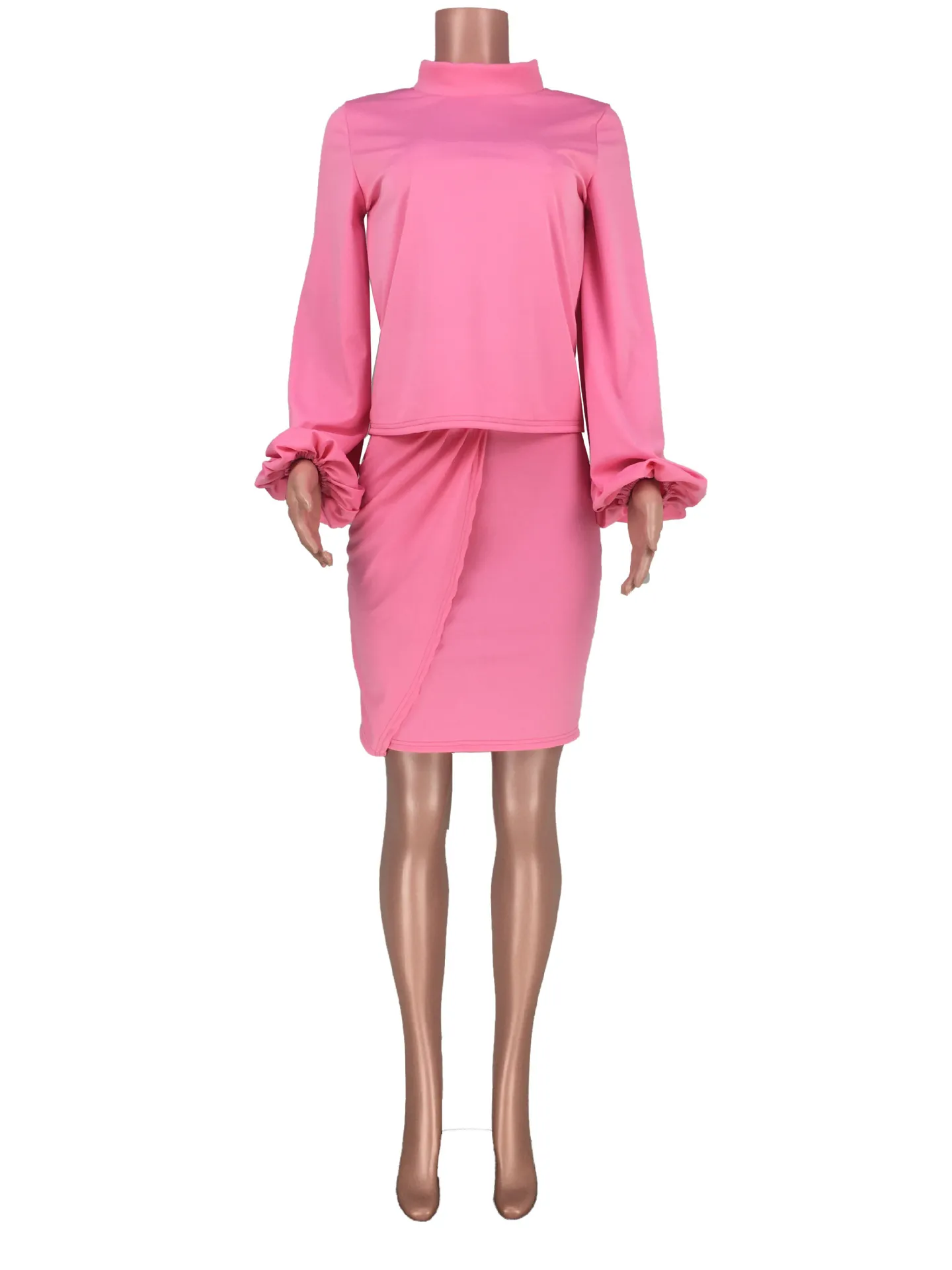 Women Pink Two Set Long Lantern Sleeves Pencil Skirt Slim Elegant Suits Lovely Cute Sets African Fashion 210416