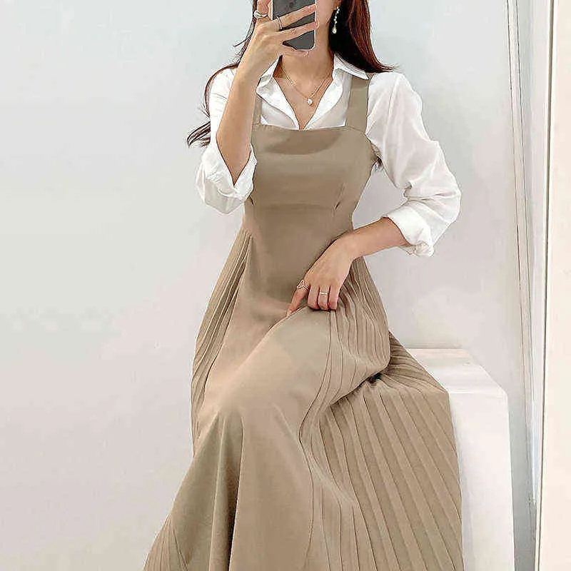 onalippaの女性は秋の韓国の気質スタイルラペルタイのネクタイの長袖のシャツのサイドプリーツサスペンダードレス211106