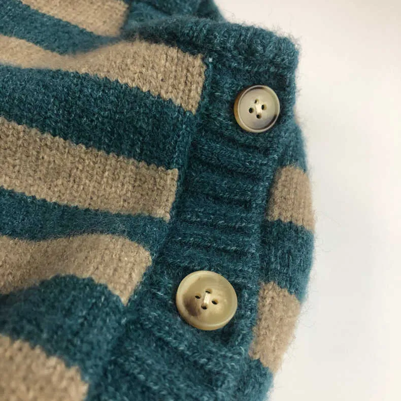 autumn and winter toddler sweater children's pullover single-breasted blue round neck striped cotton cardigan 210701