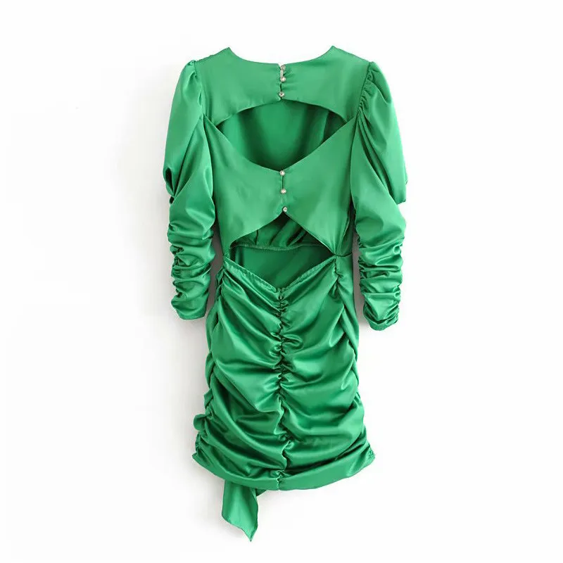 Élégant vert noeud papillon ceintures Wrap Mini robe femmes col rond à manches longues femmes robes Vestidos Mujer 210430