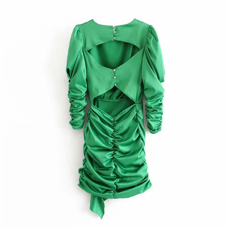 Stylish Green Bow Tie Sashes Wrap Mini Dress Women O-Neck Long Sleeve Female Dresses Vestidos Mujer 210430