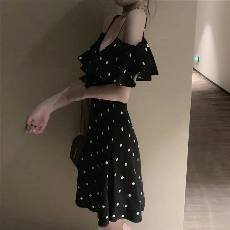 Elbiseler Yaz Vintage Ince Mizaç Tüm Maç Seksi Siyah Kapalı Omuz Polka Dot Elbise Şifon Kayışı Mini Moda Chic Korece 210610