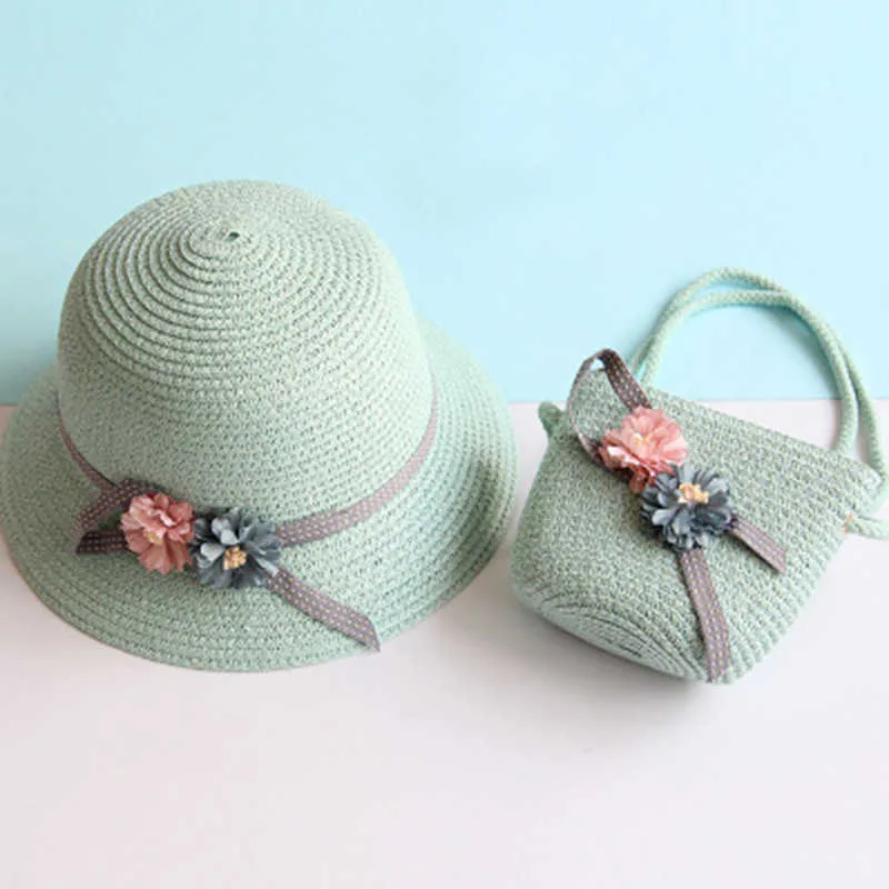 Bär Learder Hut Baby Sommer Cap Atmungsaktive Strohhüte Kinder Blume Sonnenhut Kinder Nette Feste Mädchen Hüte und Tasche Set 210708