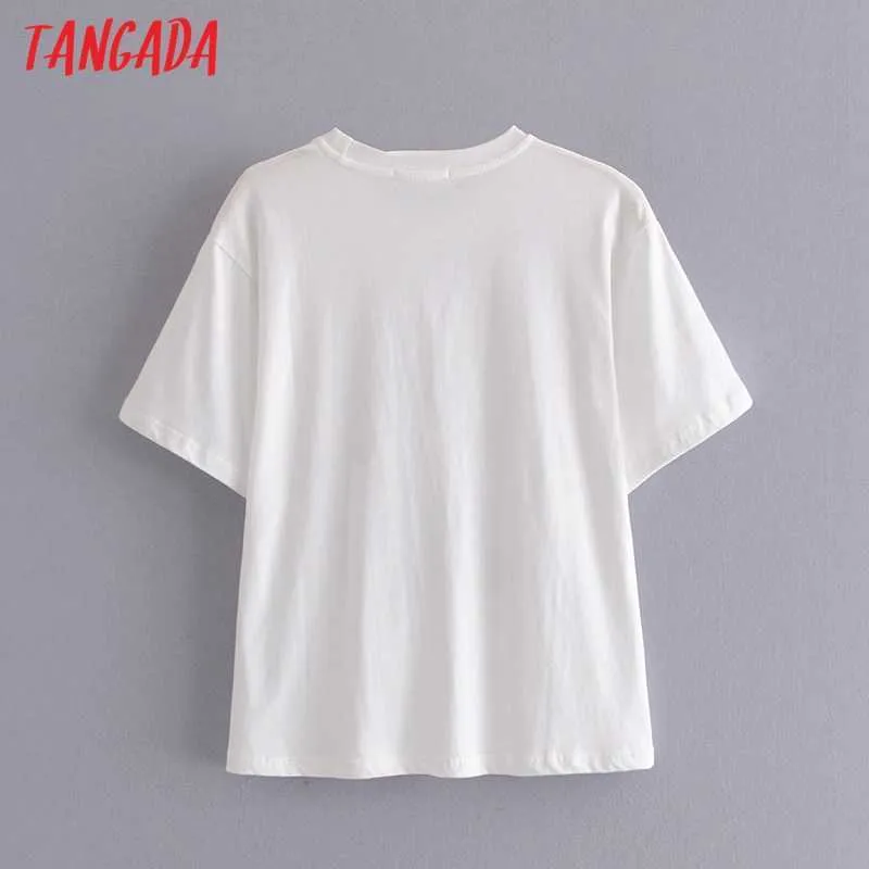 T-shirt da donna in cotone bianco con stampa Tangada l'estate T-shirt a maniche corte con scollo a V da donna T-shirt casual da donna Top 4D6 210609