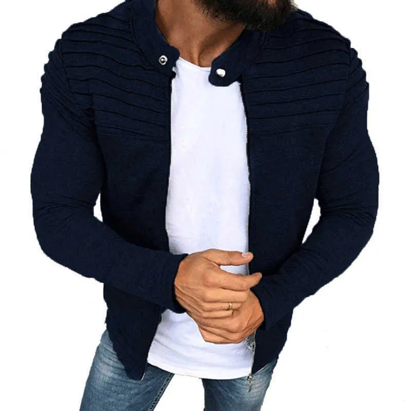 Sports Casual Mężczyźni Kurtka męska Jesienne plisy Slim Stripe Fit Zipper Długi Rękaw Płaszcz Cardigan 210811