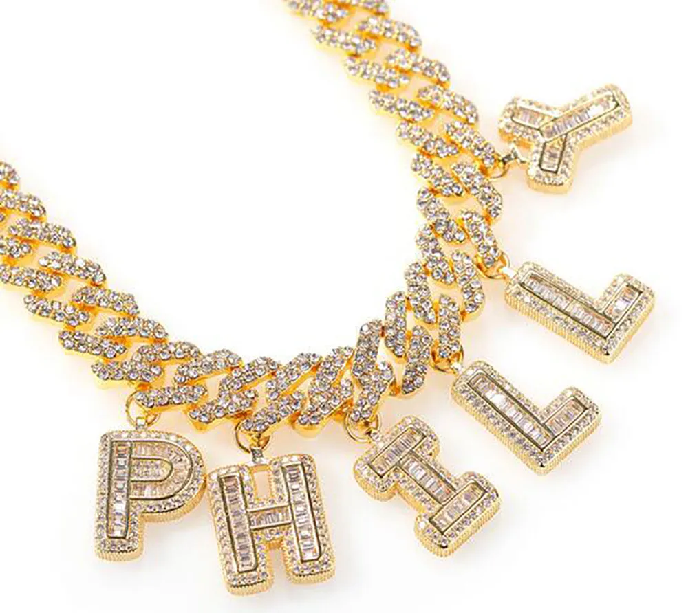 Nombre personalizado letras Baguette de circón 12MM diamantes de imitación austriacos cadena cubana collar pulseras tobillera para hombres mujeres 296E