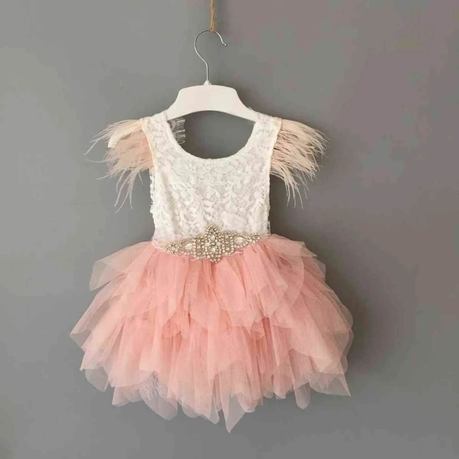 Princess baby feather dress 1st birthday party toddler girls lace flying sleeve summer dress kids tutu clothing with sashes G1129