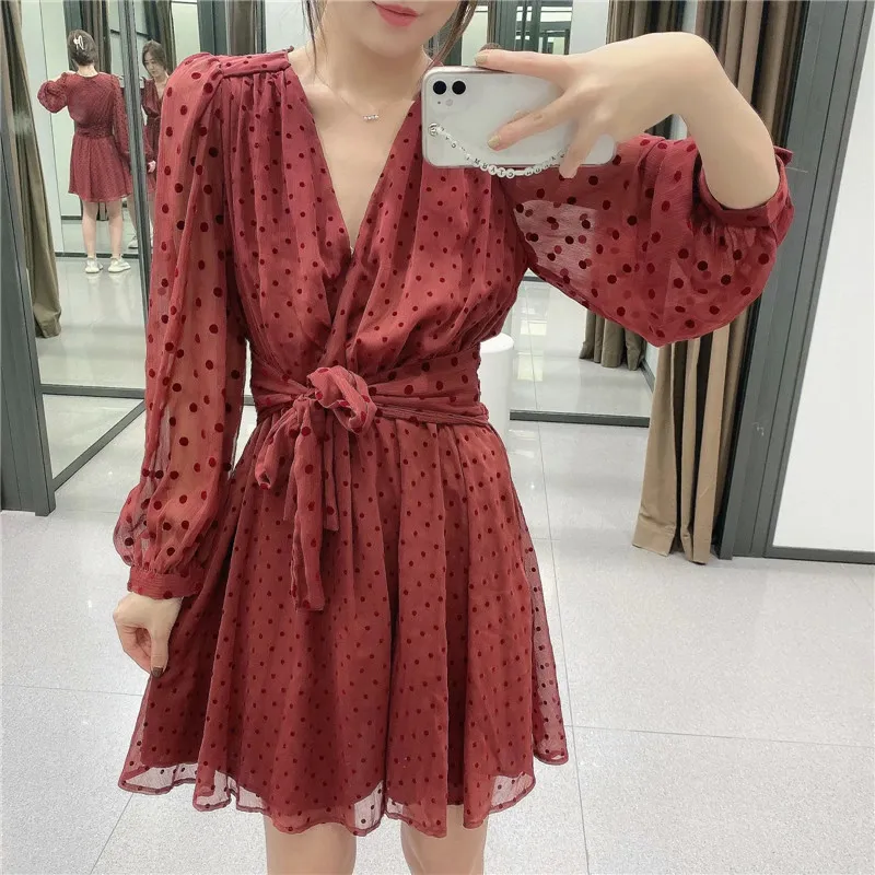 Mini robe en maille à pois rouges pour femmes, Vintage, semi-transparente, manches longues bouffantes, Tulle, ceinture nouée, élégante, es 210519