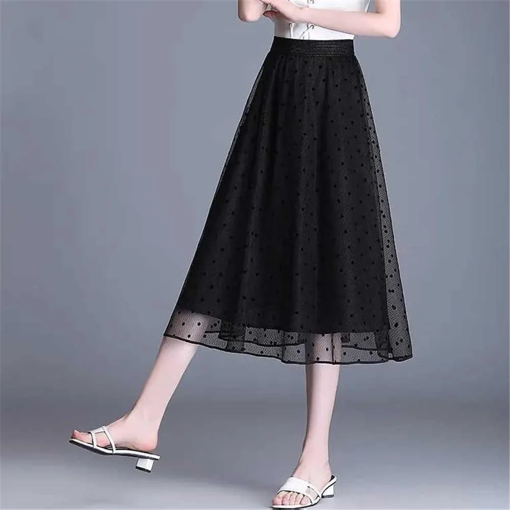 Plus storlek 4xl svart casual hög midja mesh polka prickar tyll kjolar sommar fairy alla matchar streetwear chic lossa kvinnor kjol 210619