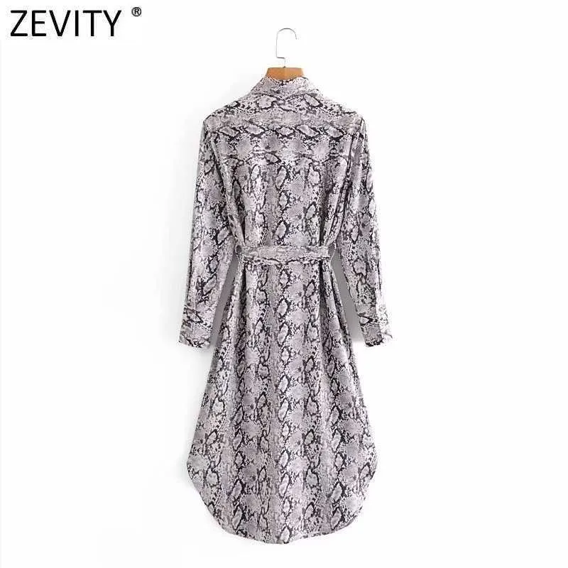 Zevity Women Sexy Snake Skin Print Bow Tied Sashes Midi Dress Office Lady Long Sleeve Casual Business A Line Vestido DS4771 210603