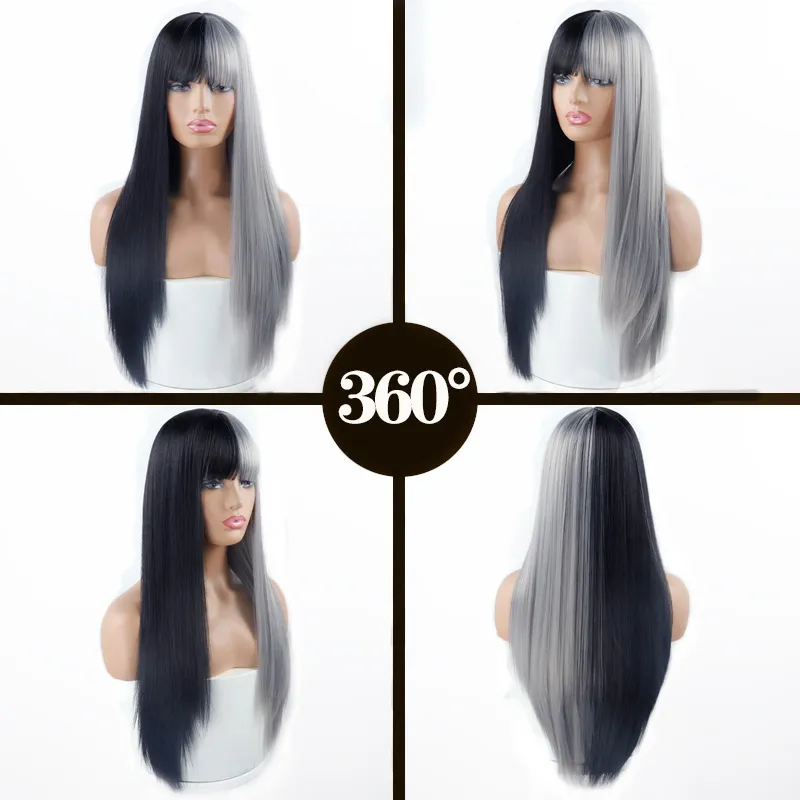 Cinza e preto peruca longa reta cabelo cosplay peruca dois tons ombre cor feminino perucas de cabelo sintético direto da fábrica