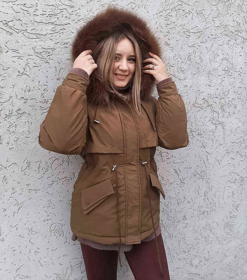 Algodón acolchado más tamaño 2xl invierno chaqueta de piel grande mujeres suelta delgada cálida con capucha parka abrigo abajo chaqueta 211120