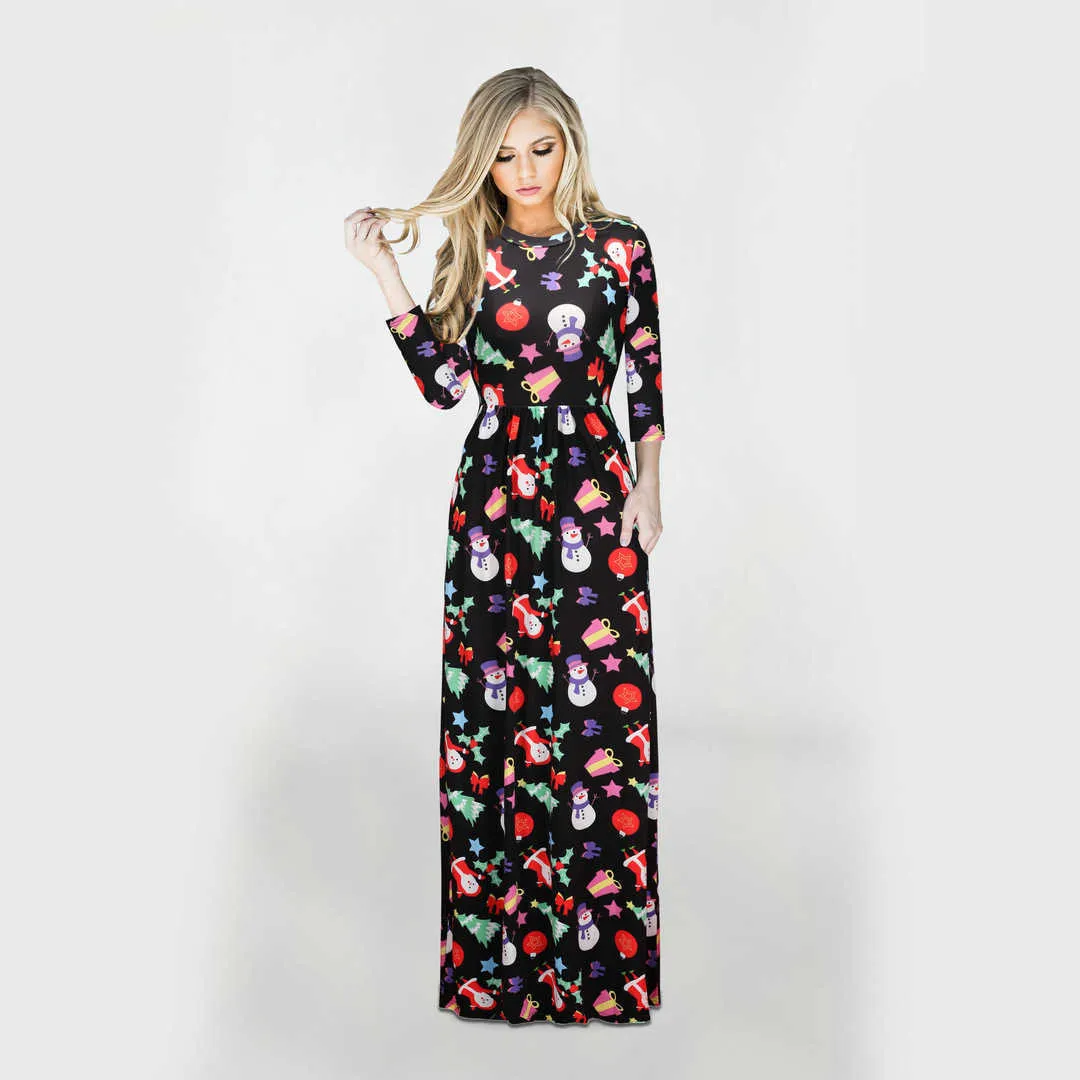 Winter kerst jurken vrouwen boom print elegante hoge taille party maxi jurk casual o hals lange mouw dame xmas robe 210526