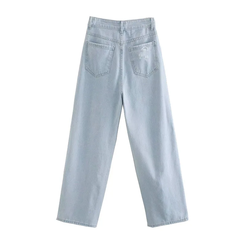 Frauen Chic Mode Zerrissene Detail Breite Bein Jeans Vintage Hohe Taille Zipper Fly Weibliche Knöchel Denim Hosen Mujer 210521
