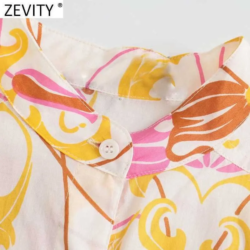 Zevity Mulheres Fashion Fashion Collar Totem Floral Cópia Blusa Feminino Manga Longa Chic Kimono Camisa Bolsos Blusas Tops LS9395 210603