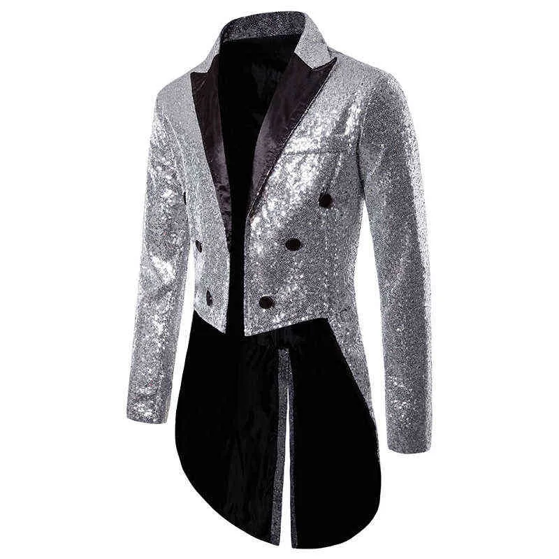 Shiny Gold Sequins Glitter Tailcoat Suit Jacket Male Double Breasted Wedding Groom Tuxedo Blazer Men Party Stage Prom Costume 211120