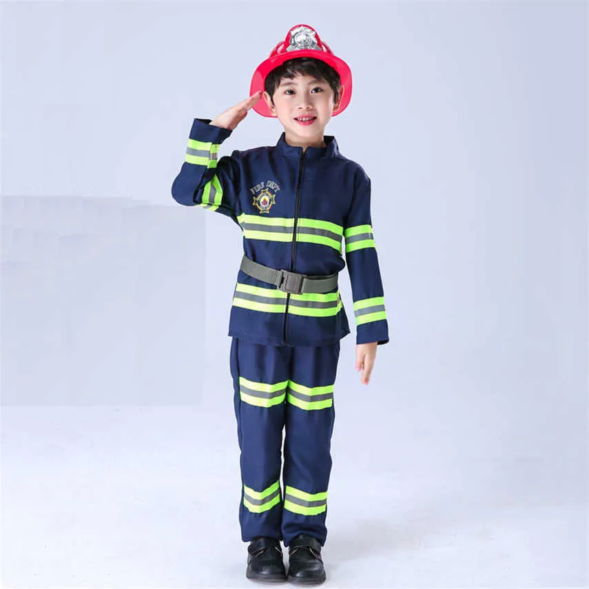 キッズコスプレの消防士軍のスーツのためのFireman Sam Policeの一様なハロウィーンの衣装の男子少年カーニバルパーティークリスマスギフトQ0910