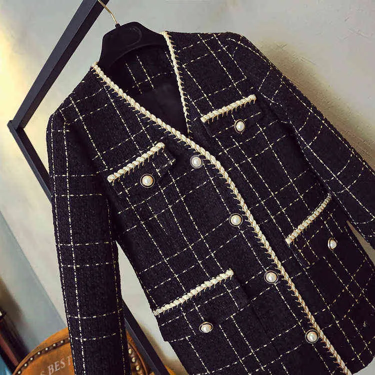 ZAWFL Luxury Designer marca lã combina casaco para as mulheres moda preto vintage v-decote em v xadrez de cintura largamente casaco s-xxl 211112