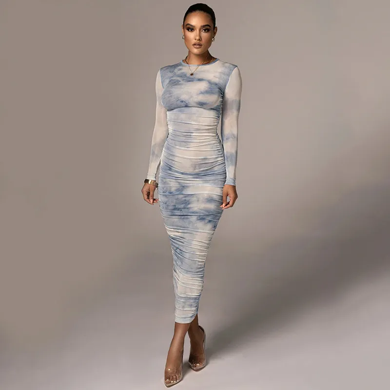 Tie-Dye Print Ruched Dress For Women Long Sleeve Sexy Bodycon Dress Elastic Pleated Casual Party Dress dresses summer 210422
