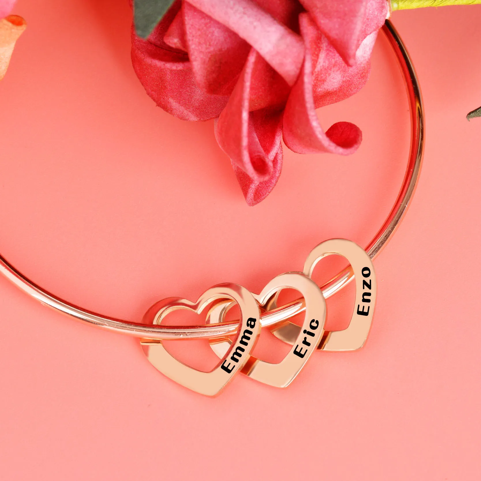 Heart Bead Charms Bracelet Custom Stainless Steel Bangle for Women Personalized Laser Engraving 1-8 Name Friendship