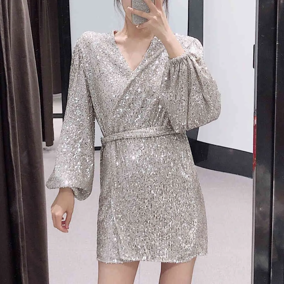 Fashion Silver Sequins Wrap Mini Dress Lacing up Waist Split Slim Fit Women Long sleeve Tea Dresses Bow Tide Vestido Party 210430