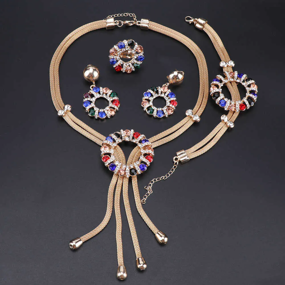 Nya afrikanska brud smycken uppsättningar för mode kvinnor färgglada kristall halsband örhängen armband ring sätter bröllop gåva h1022