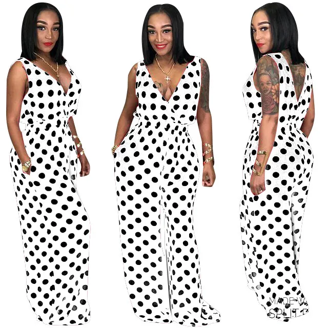 Mulheres Verão Jumpsuit Polka Dot Impressão V Neck Sem Mangas Sem Mangas Pé Casuais Beach Férias Fasesion Férias Romper Playsuits Feminino 210416