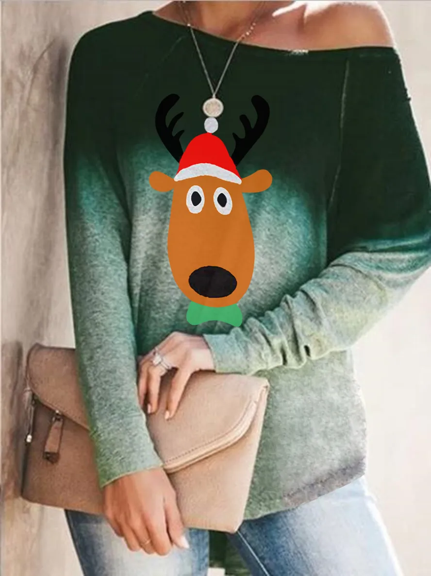Elk de Noël Imprimer Femmes T-shirt Sexy Col Oblique À Manches Longues Gradient Pull Top Tee Automne Plus La Taille De Noël Tshirt Femme 210507