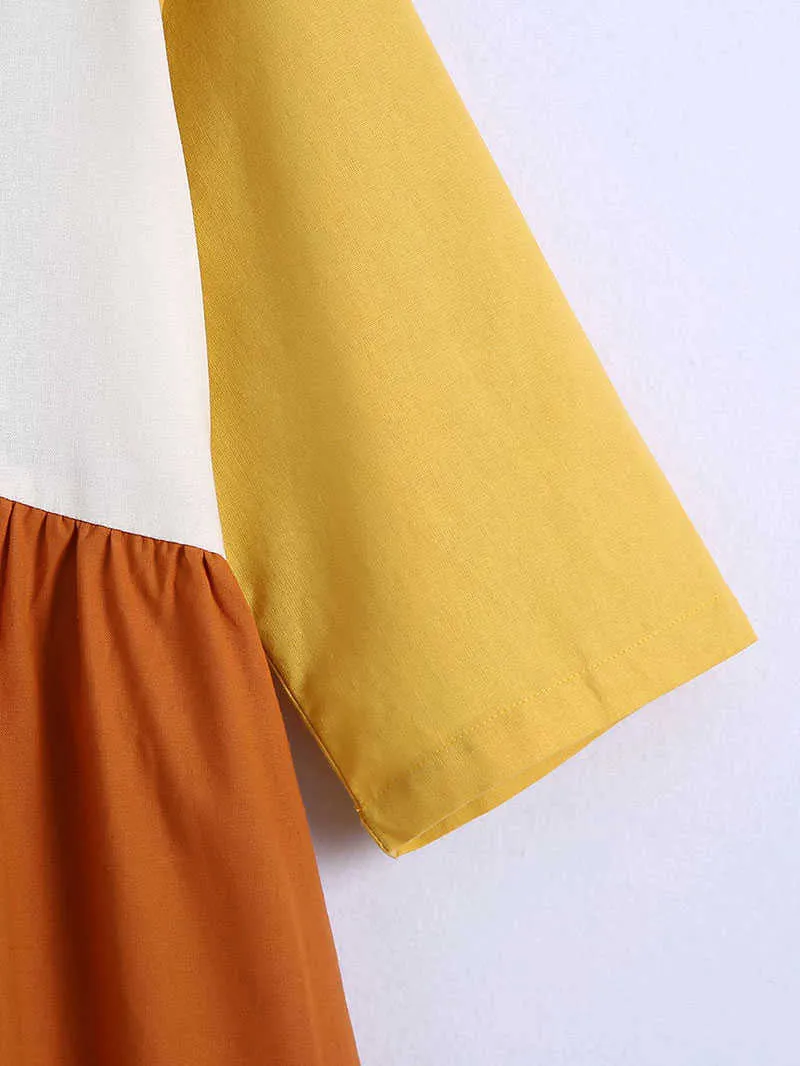 [DEAT] Moda Letnia Krótki Rękaw Okrągły Neck Długość Łączenie Luźne Casual Midi Sukienka Kobiety 13Q368 210527