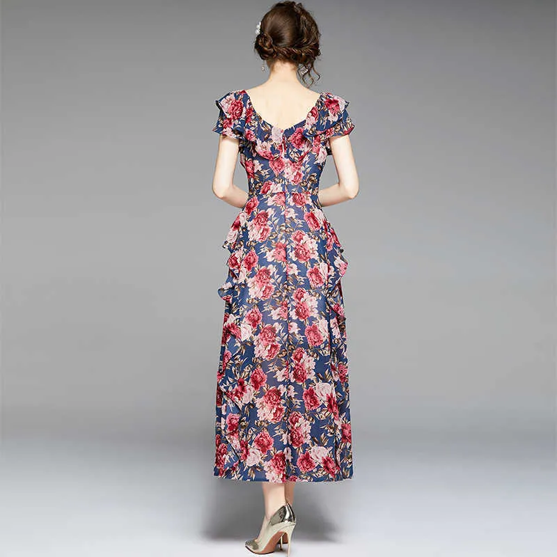 Chegada de verão de verão francês flor floral praia boho ruffled vestido de cintura alta de manga curta para mulheres vestido feminino 210529