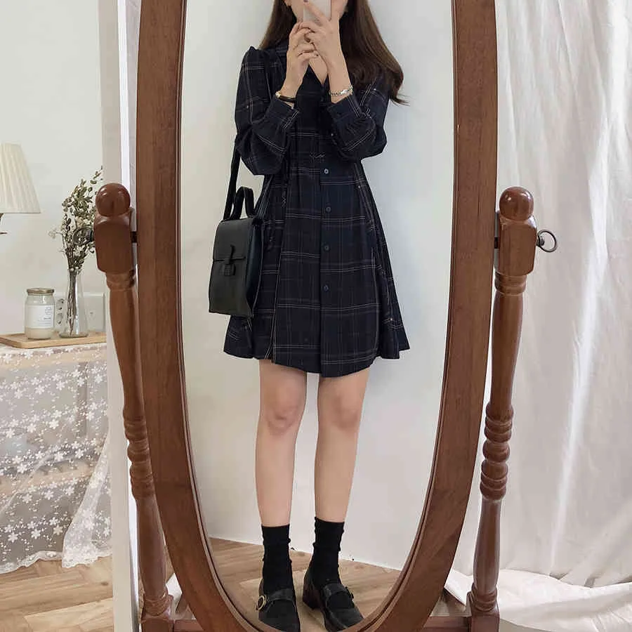 pink Plaid Autumn Spring A Line Office Lady Dress Women Turn down collar Long Sleeve grid Casual Dresses Robe Femme Vestido 210417