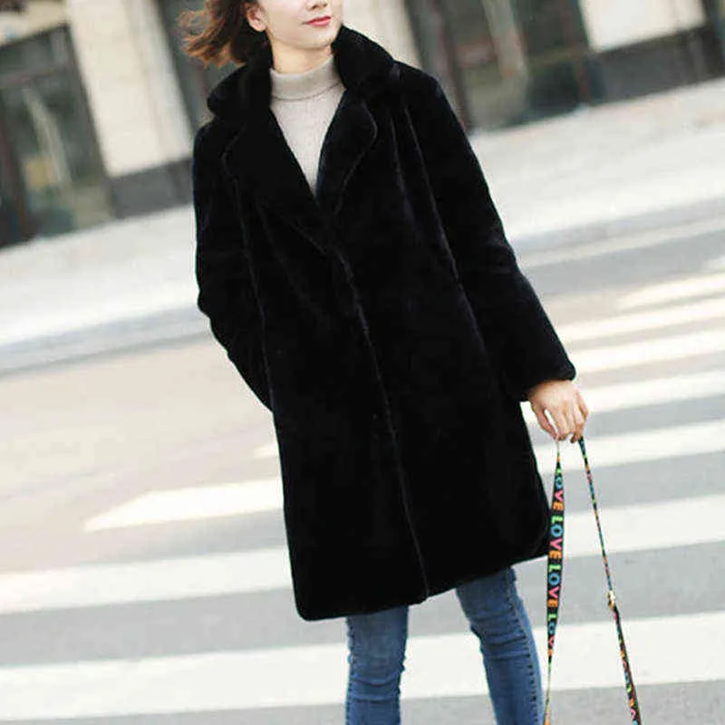 Women Mink Faux Fur Coat Solid Female Turn Down Collar Winter Warm Fake Fur Lady Coat Casual Jacket 211110