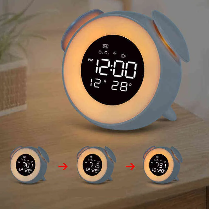 Nachttischuhr Licht Digital LED Musik Alarm Morgen Sonnenaufgang Sonnenuntergang Aufwachen Spiegel Uhr Schlafzimmer Schreibtisch Kalender Schlummeruhr Tisch 211112