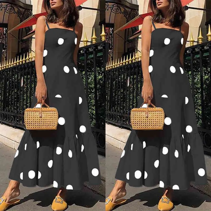 Vrouwen jurk mode zomer boho casual lang maxi meisje elegante dame strappy polka dot vakantie party strand sundress 210522