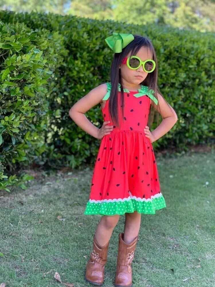 Meninas bebê vestido de verão meninas melancia melancia vermelha e verde vestido bonito vestido com arco atacado 210331