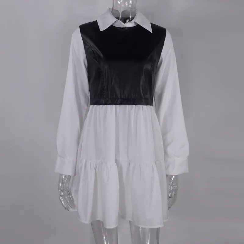 Swobodna mini koszula z długim rękawem dla kobiet biała wiosenna skórzana patchworka Kobieta Sukienki Ubranie Femme szatę 220228