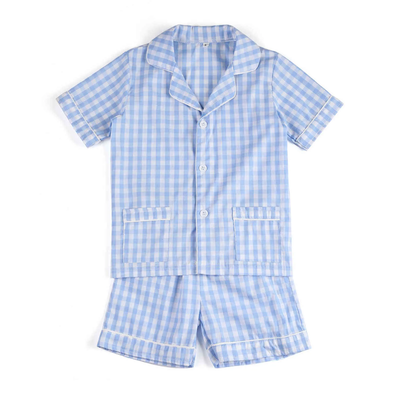 EST Matching Blue Stripe Nightwear Seersucker 100% coton Pyjama d'été pour enfants pour garçons 211130