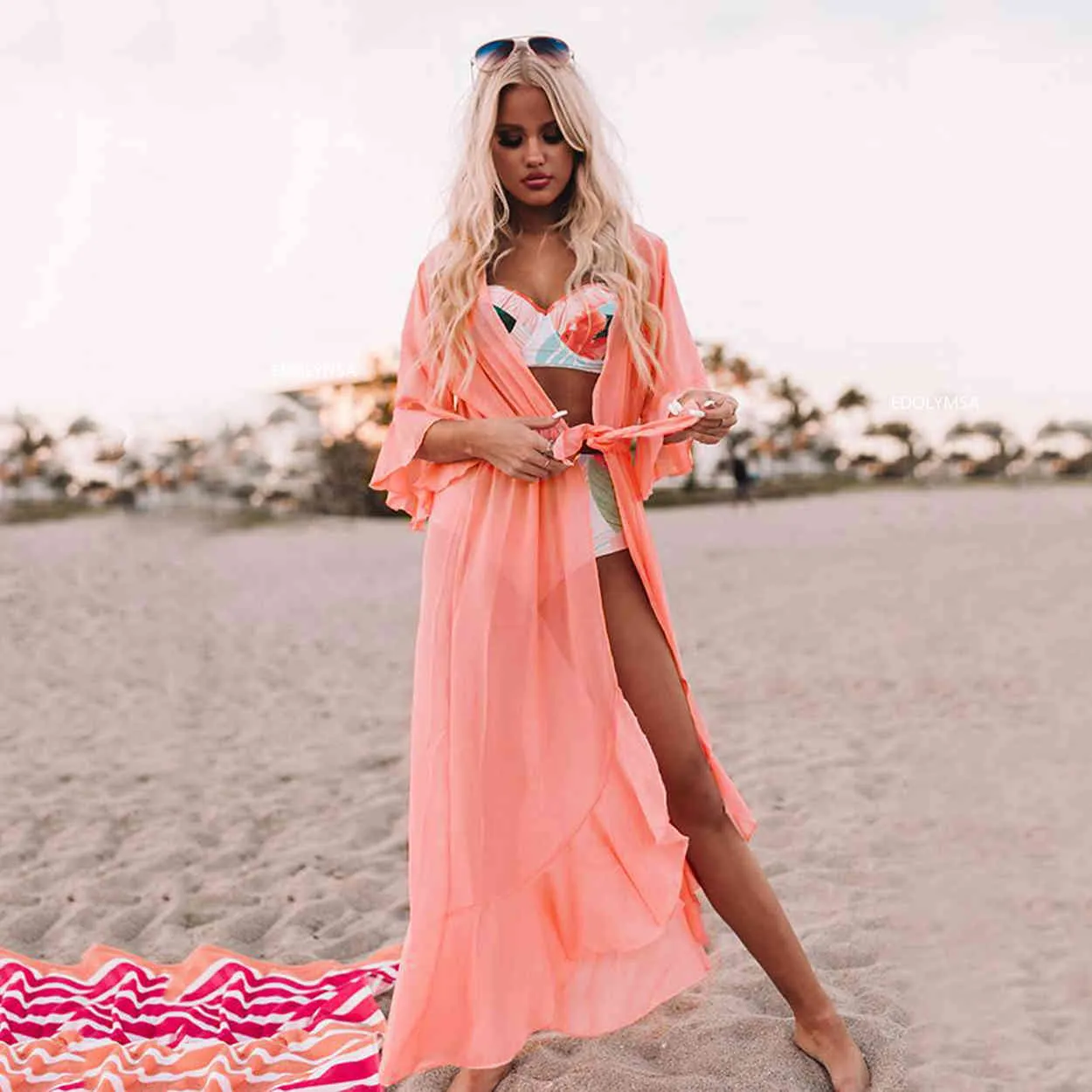 Sexy See Through Bikini Cover-ups Pink Chiffon Tunic Long Kimono Women Summer Wrap Dress Beach Wear Swimsuit Cover Up Q1256 210420